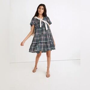 Madewell Plaid Button-Front Tiered Babydoll Dress Bengali Indigo L Large Cotton